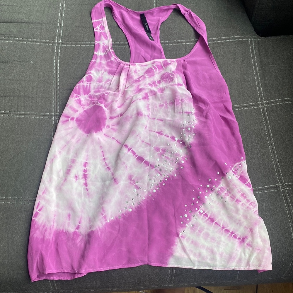 Purplish Pink with White Tie Dye Flowy Tank Top with Rhinestone Detail